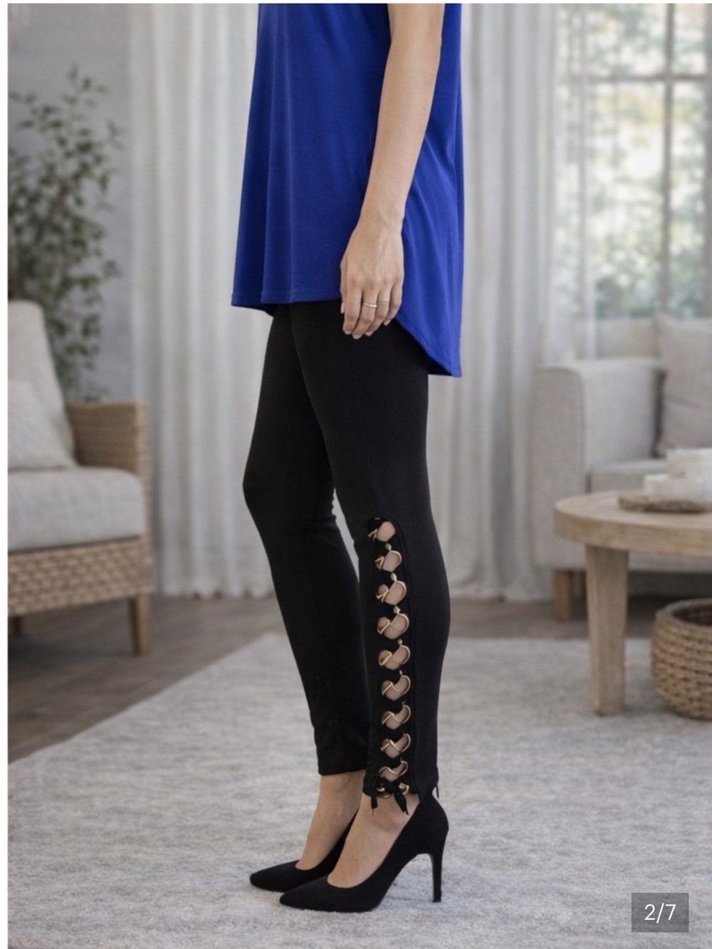 VENUS Black Ring Lace-Up Leggings Gold Hardware Side Detail Size Large NWT
